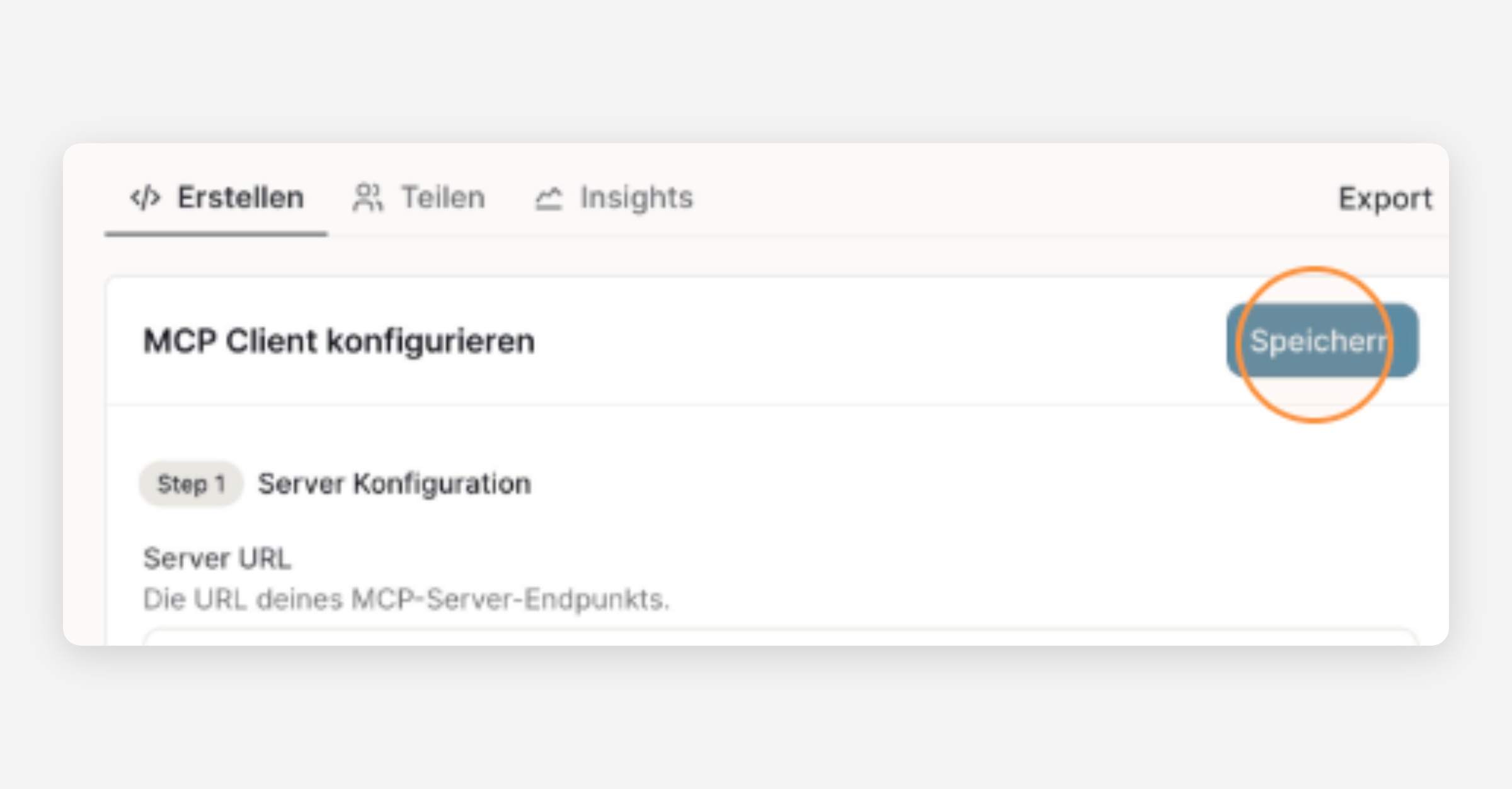 MCP Client konfigurieren screen with Speichern button highlighted