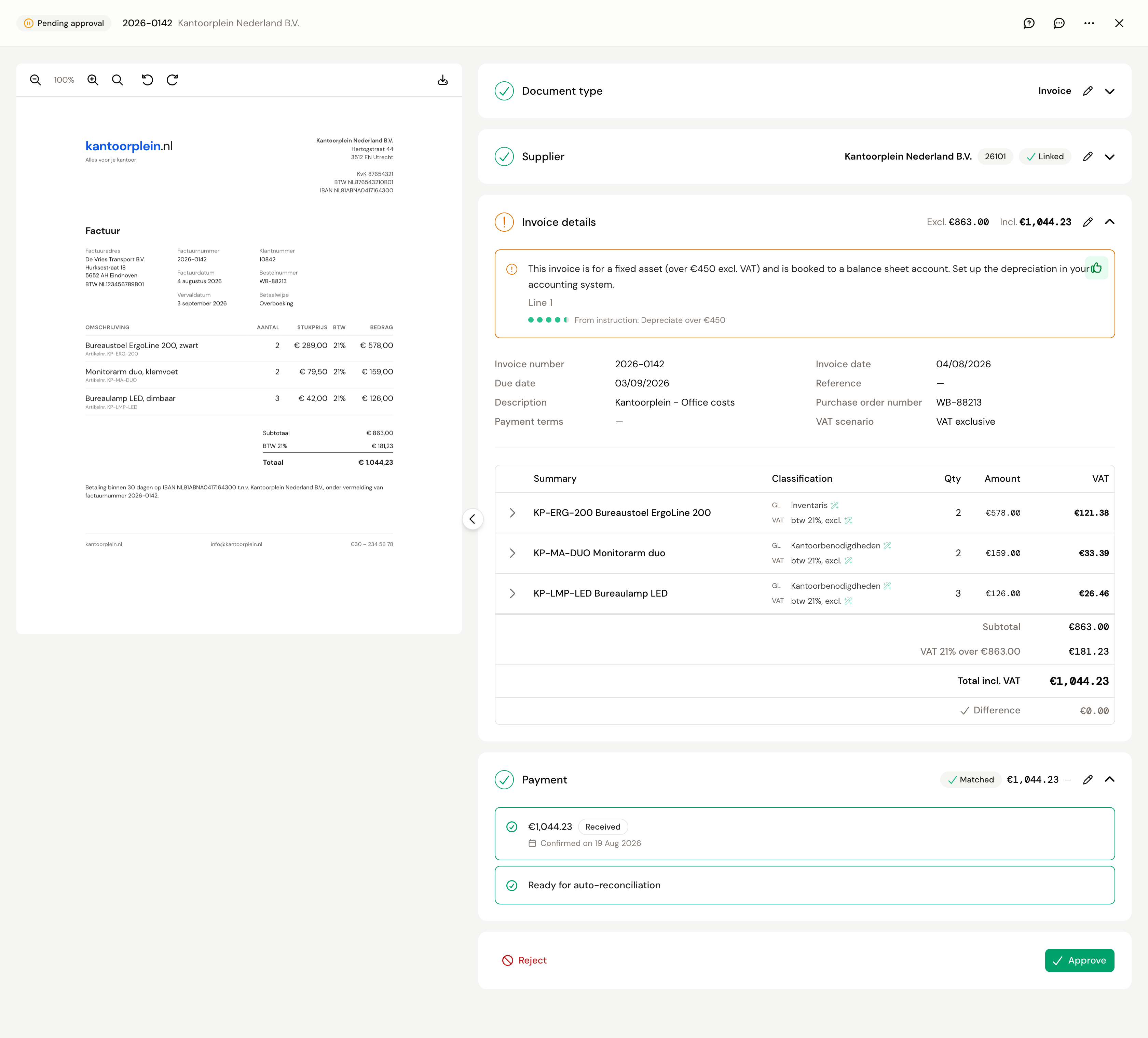 The booking proposal beside the invoice: supplier linked, invoice details with a notice and the lines with their GL account and VAT code, the matched payment, and the Reject and Approve buttons at the bottom
