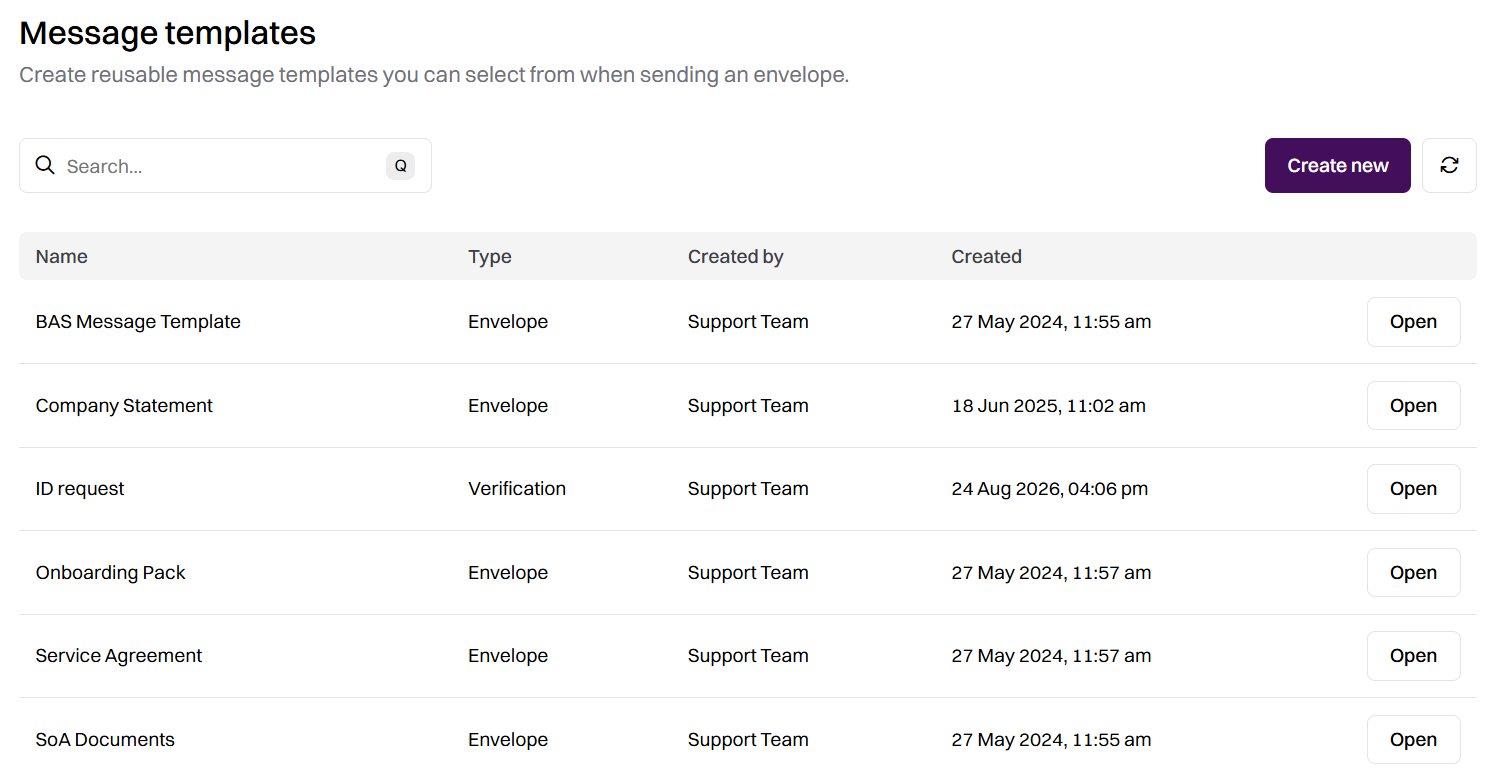 Message templates list screen