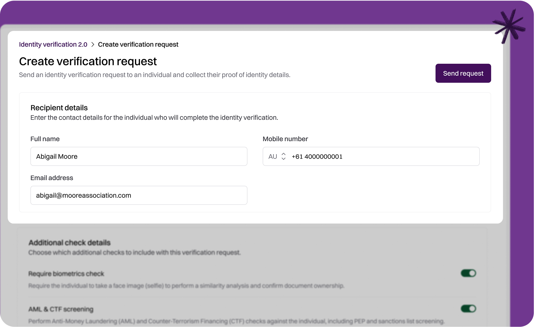 Create verification request form with recipient details and additional check toggles