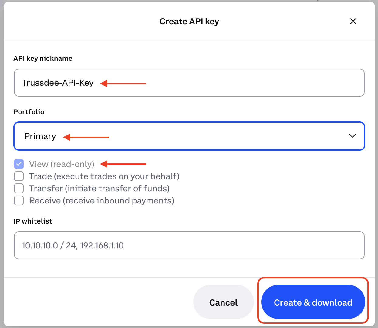 Coinbase API key form with read-only permissions selected.