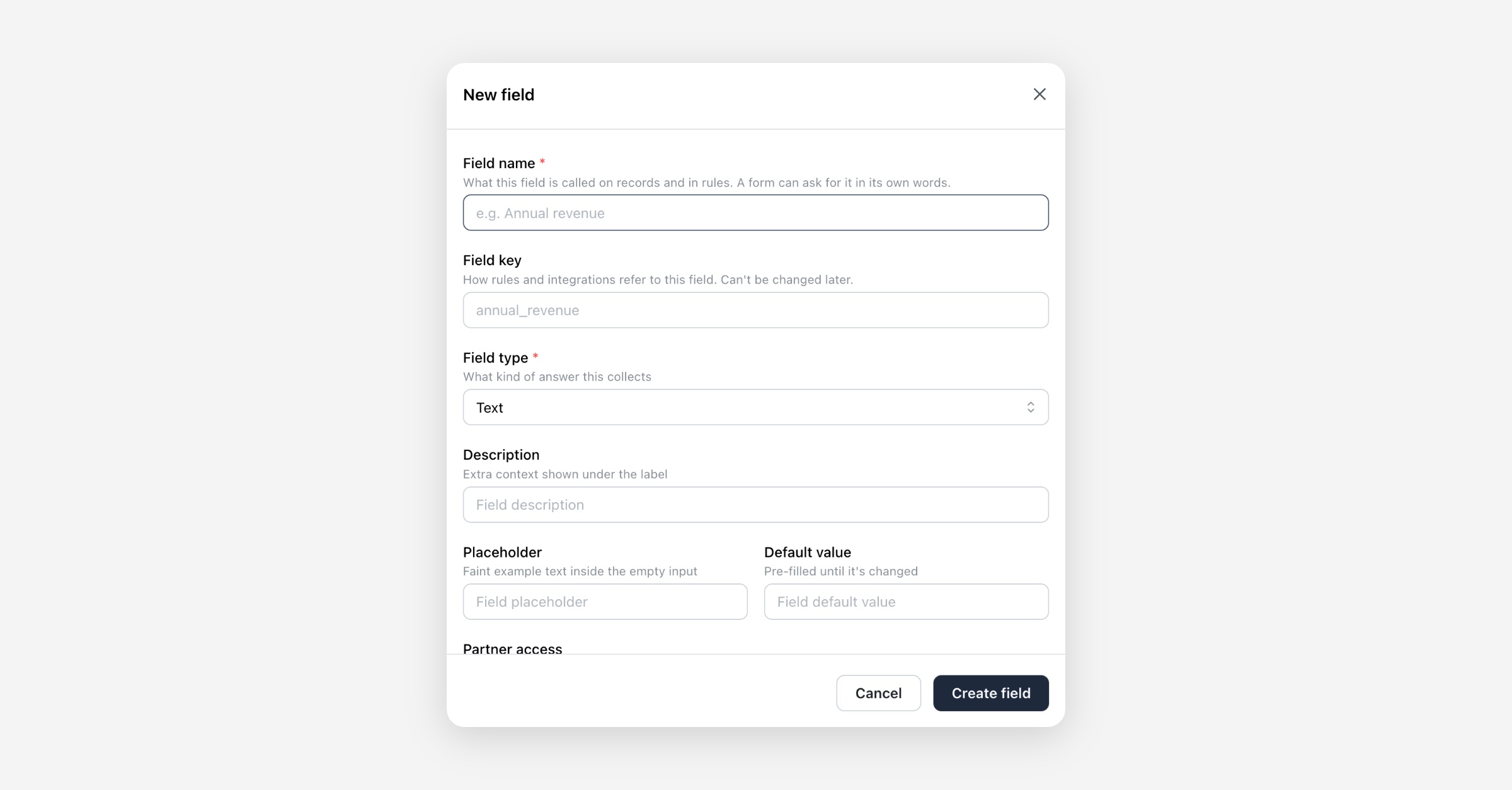New field dialog with fields for name, key, type, description, placeholder, and default value