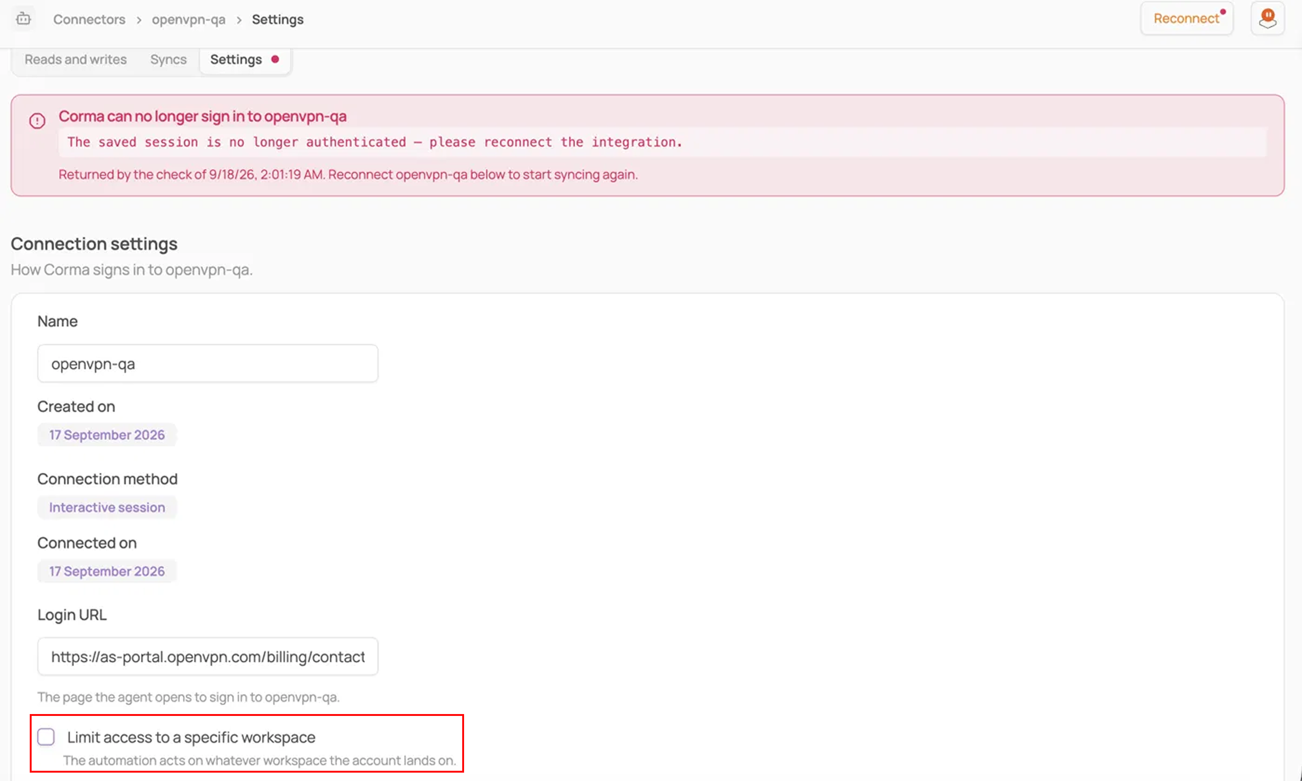 Connector settings page for openvpn-qa with a sign-in error banner and an unchecked workspace limit box