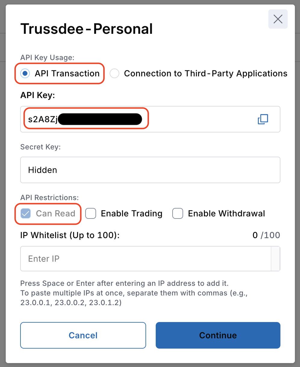 Crypto.com Exchange API key settings with transactions and read-only permissions.