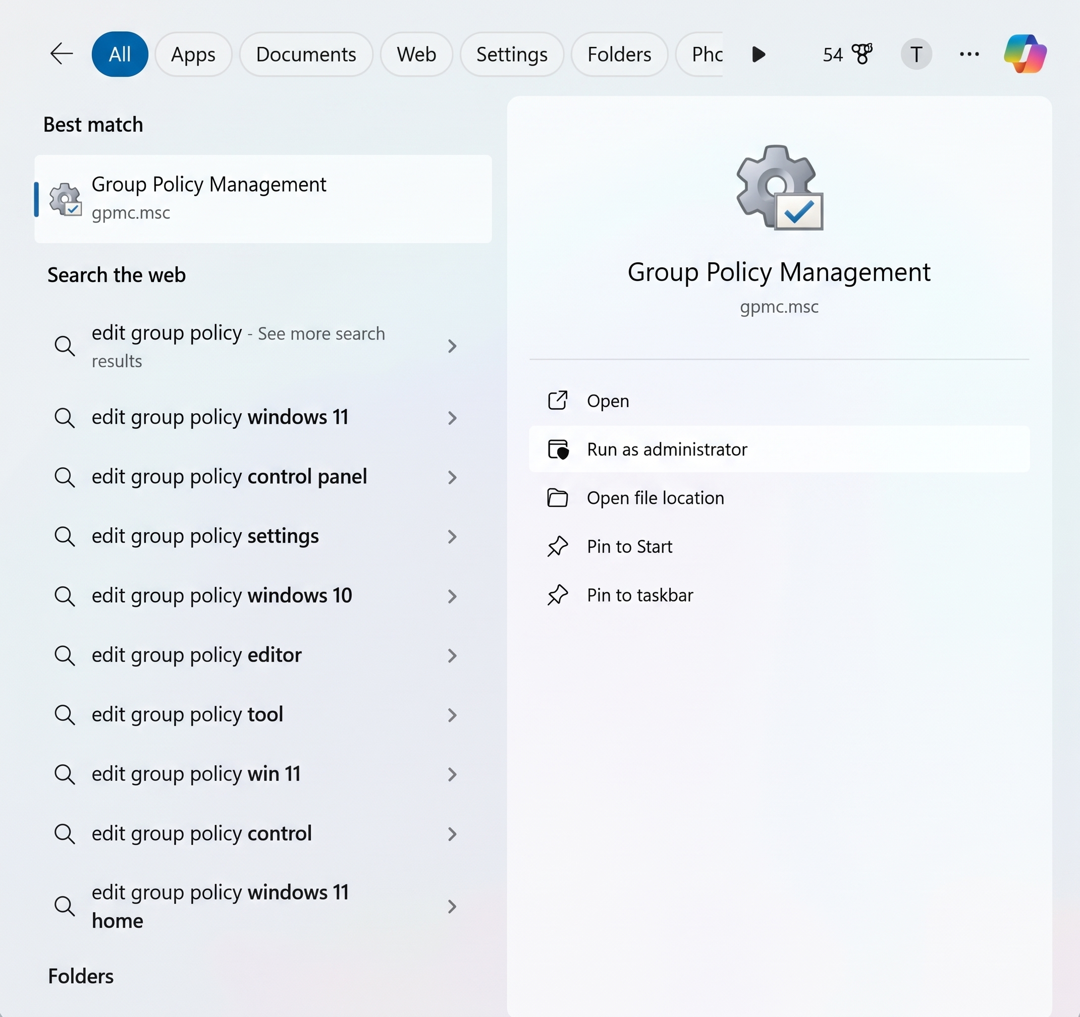 Windows search results showing Group Policy Management with Run as administrator highlighted