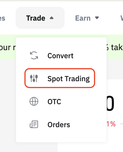 Binance navigation showing Spot Trading as the recommended trading flow.