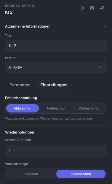 Tab Einstellungen mit Fehlerbehandlung und Wiederholungen