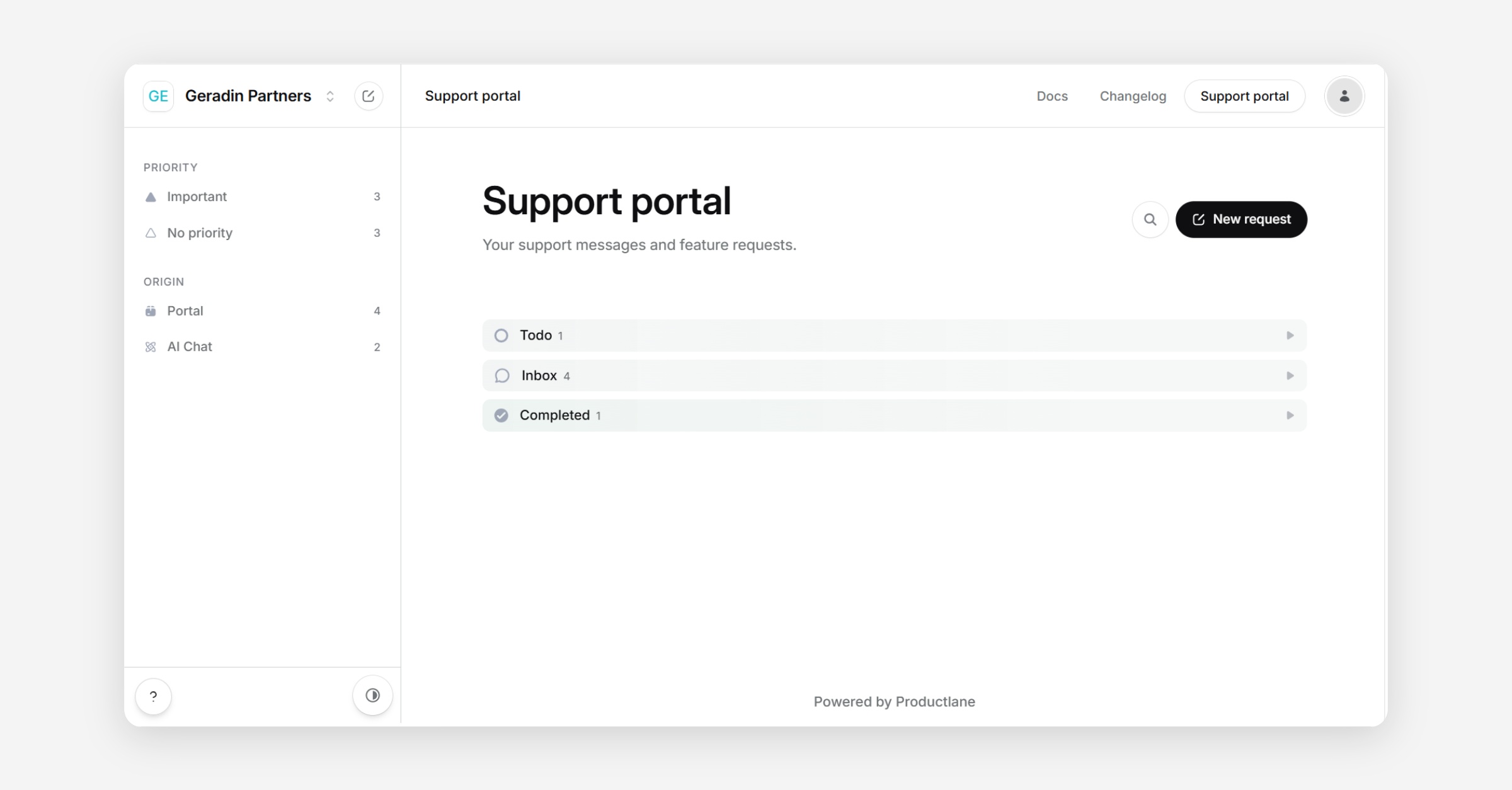 Support portal main page showing request statuses grouped by Todo, Inbox, and Completed