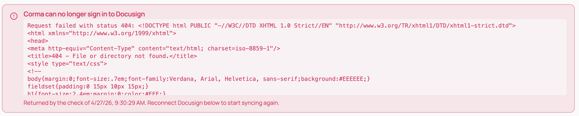 Error banner: Corma can no longer sign in to Docusign, with a 404 response shown