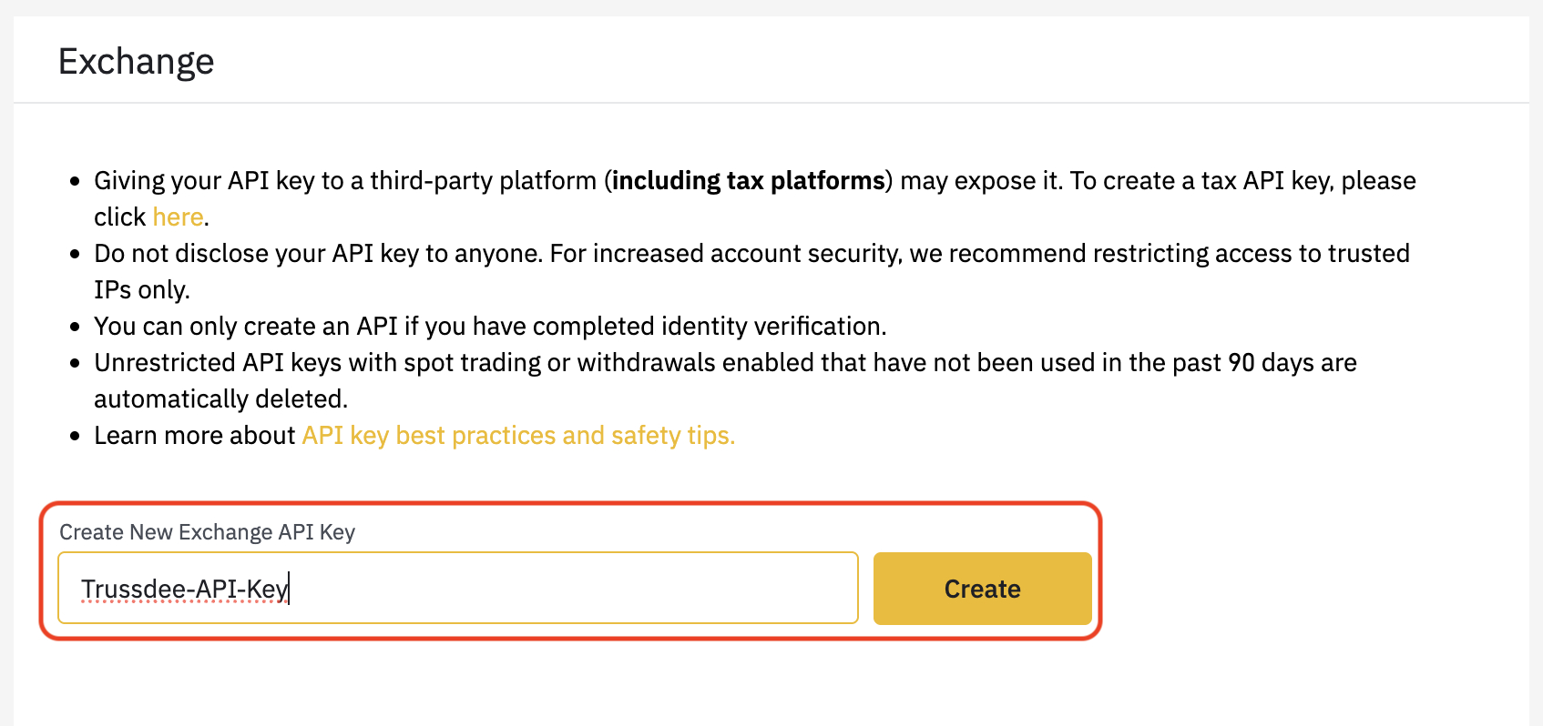 Binance API key naming screen.