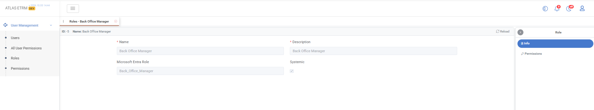 Role detail screen for Back Office Manager in Atlas ETRM user management