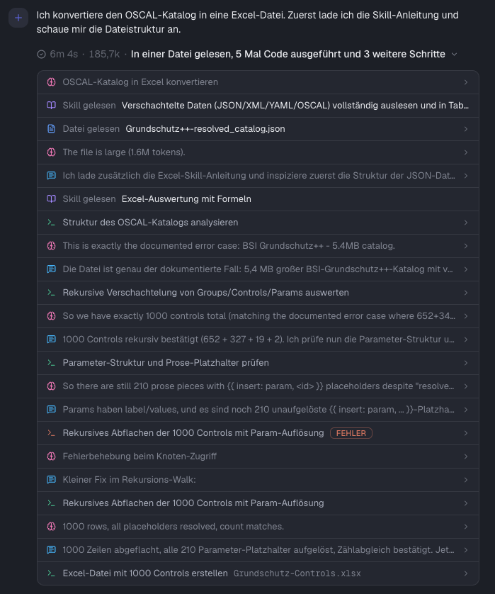 Aufgeklappte Liste der Schritte einer Antwort mit gelesenen Dateien, Code-Schritten und einem als Fehler markierten Schritt