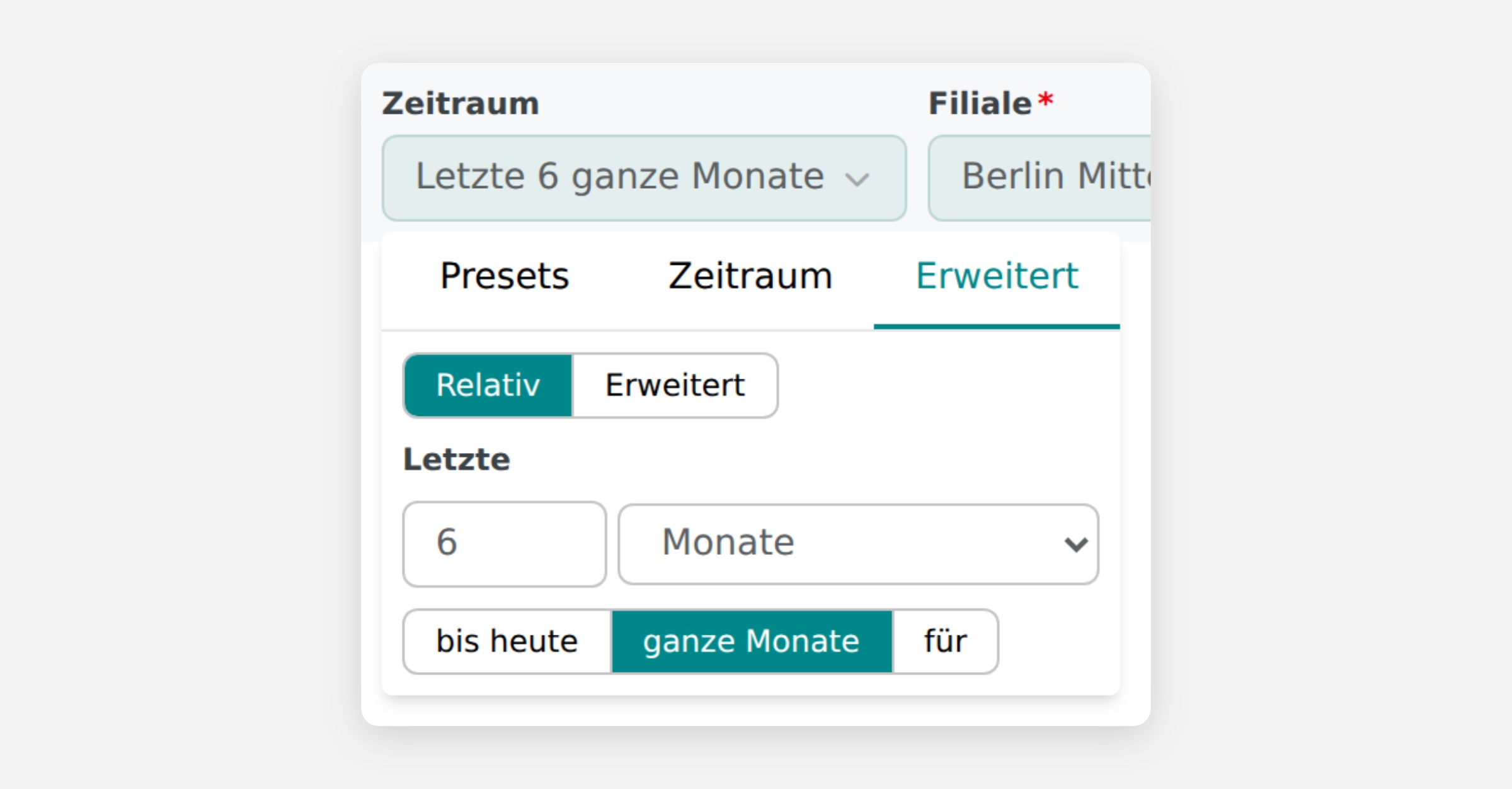 German time-period selector with the Advanced tab open for the last six full months.