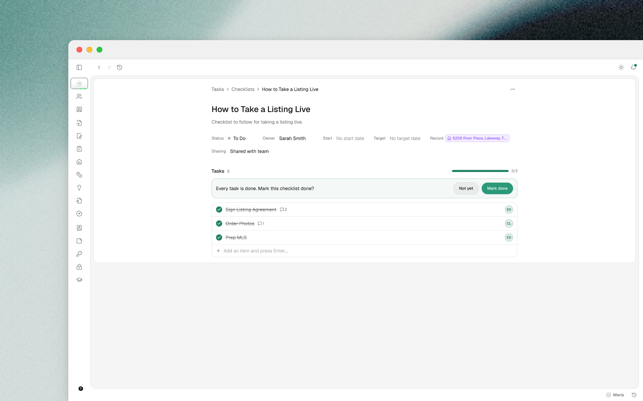 Checklist detail page for "How to Take a Listing Live" with all three tasks completed