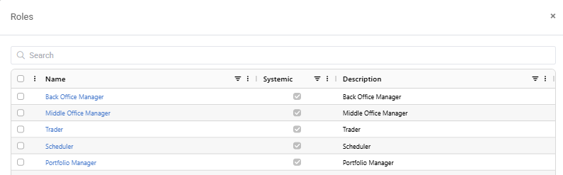 Roles list dialog showing systemic roles with checkboxes and descriptions
