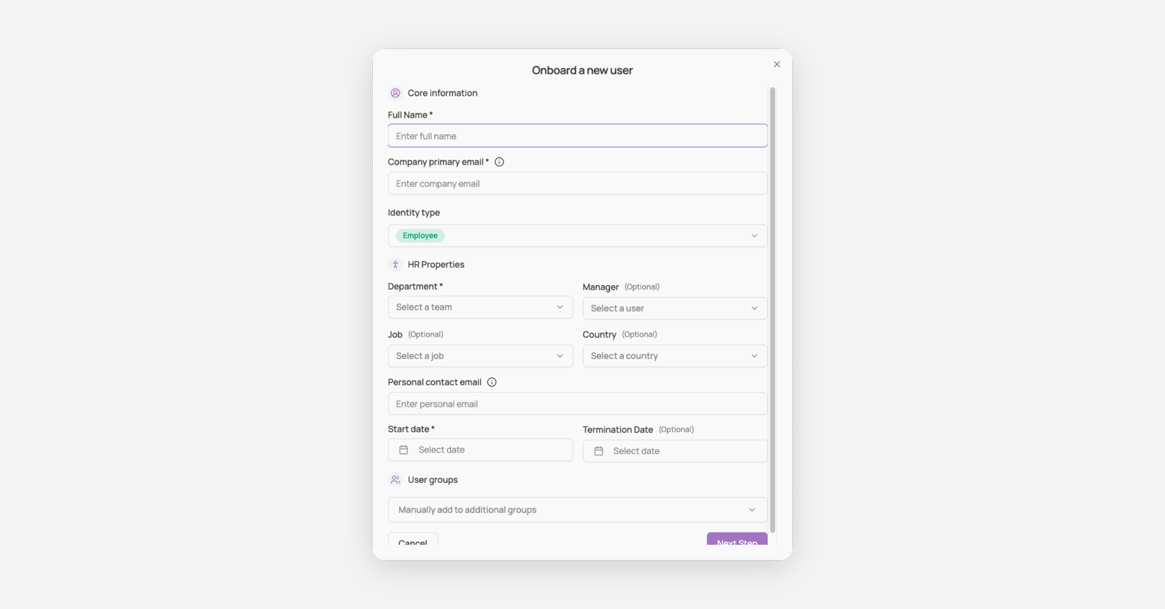 Onboard a new user form with core information, HR properties, and user groups