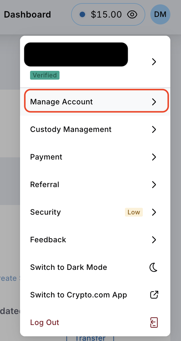 Crypto.com Exchange dropdown menu with Manage Account selected.
