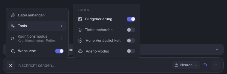 Geöffnetes Untermenü „Tools“ mit dem Schalter „Tiefenrecherche“