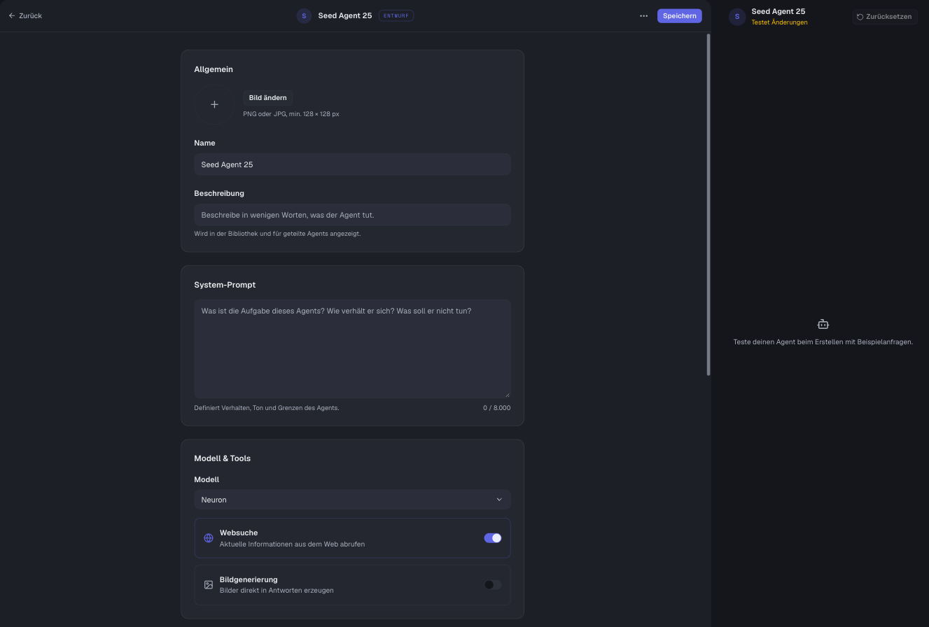 Die Bearbeiten-Seite eines Agents mit den Karten „Allgemein“, „System-Prompt“ und „Modell & Tools“ sowie rechts der Agent-Vorschau