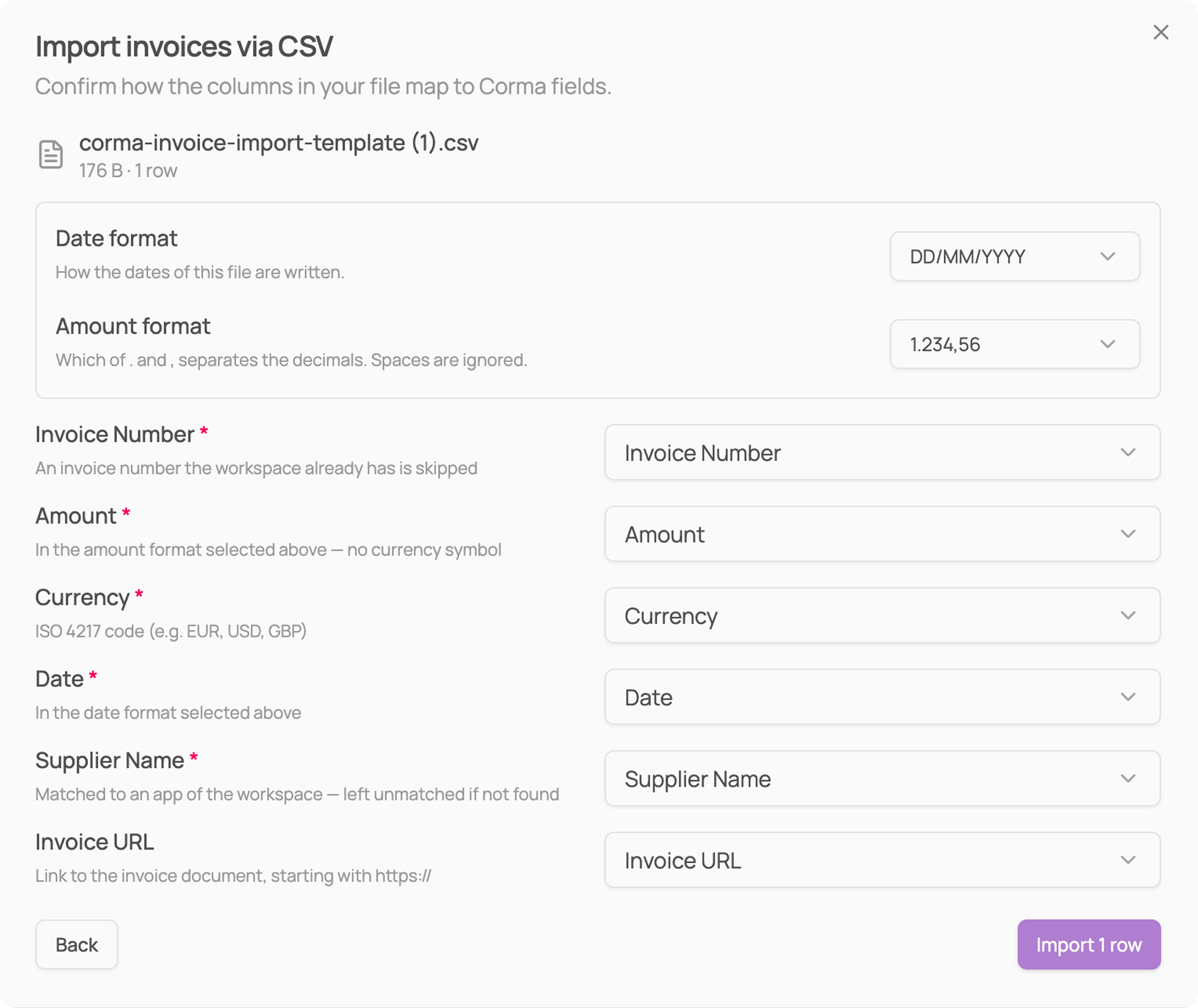 Import invoices via CSV dialog with column mapping dropdowns and an Import 1 row button