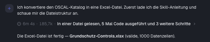 Statuszeile einer fertigen Antwort mit Haken, Dauer, Tokenzahl und Zusammenfassung der Schritte
