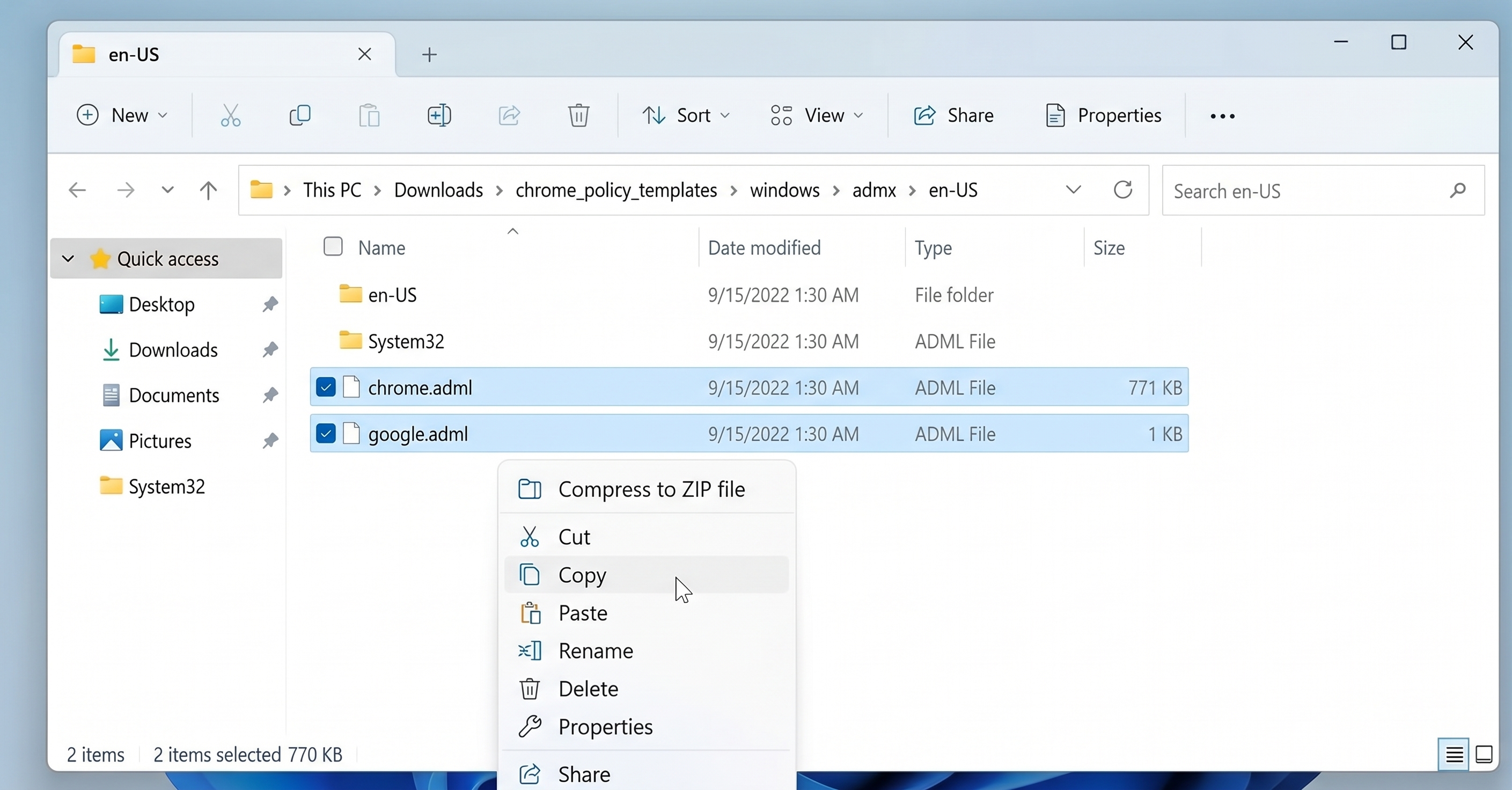 Windows File Explorer showing chrome.adml and google.adml selected in the en-US admx folder, with a right-click context menu