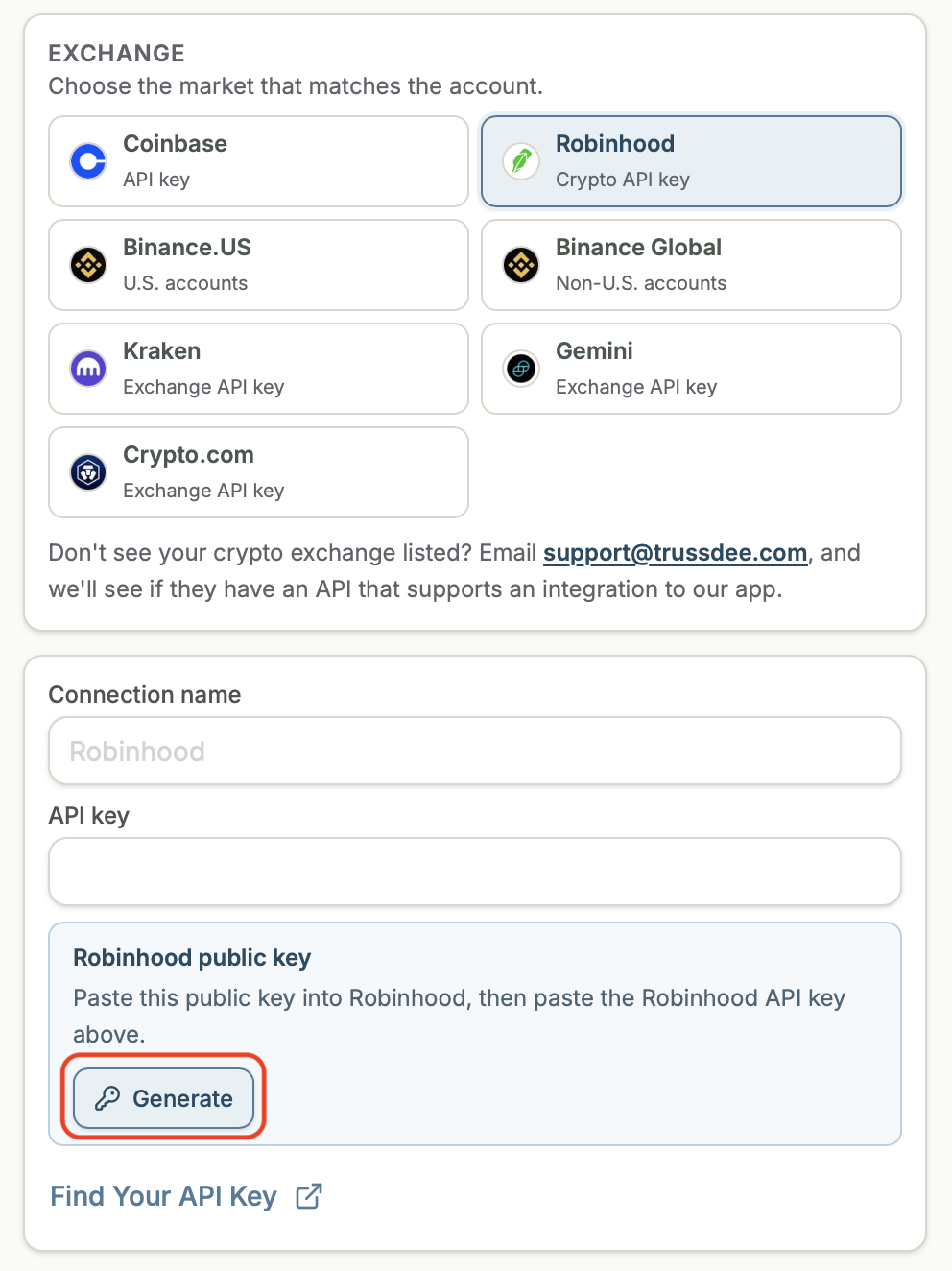 Trussdee Robinhood connection drawer with Generate button.
