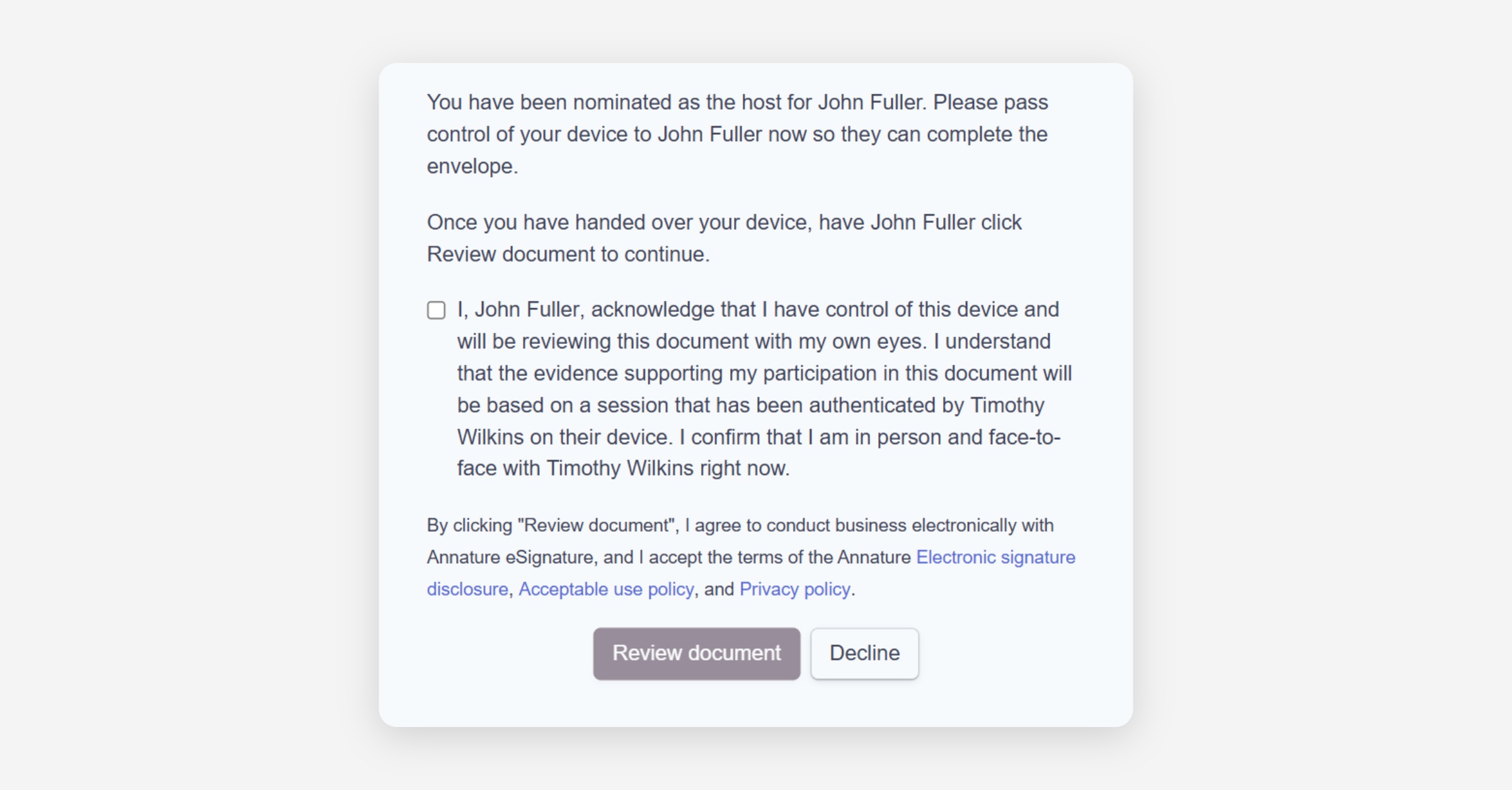 Annature in-person signing handoff screen for John Fuller