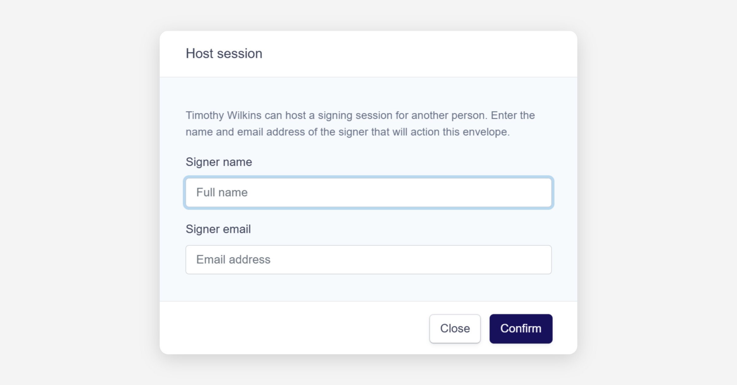 Host session dialog for entering a signer's name and email