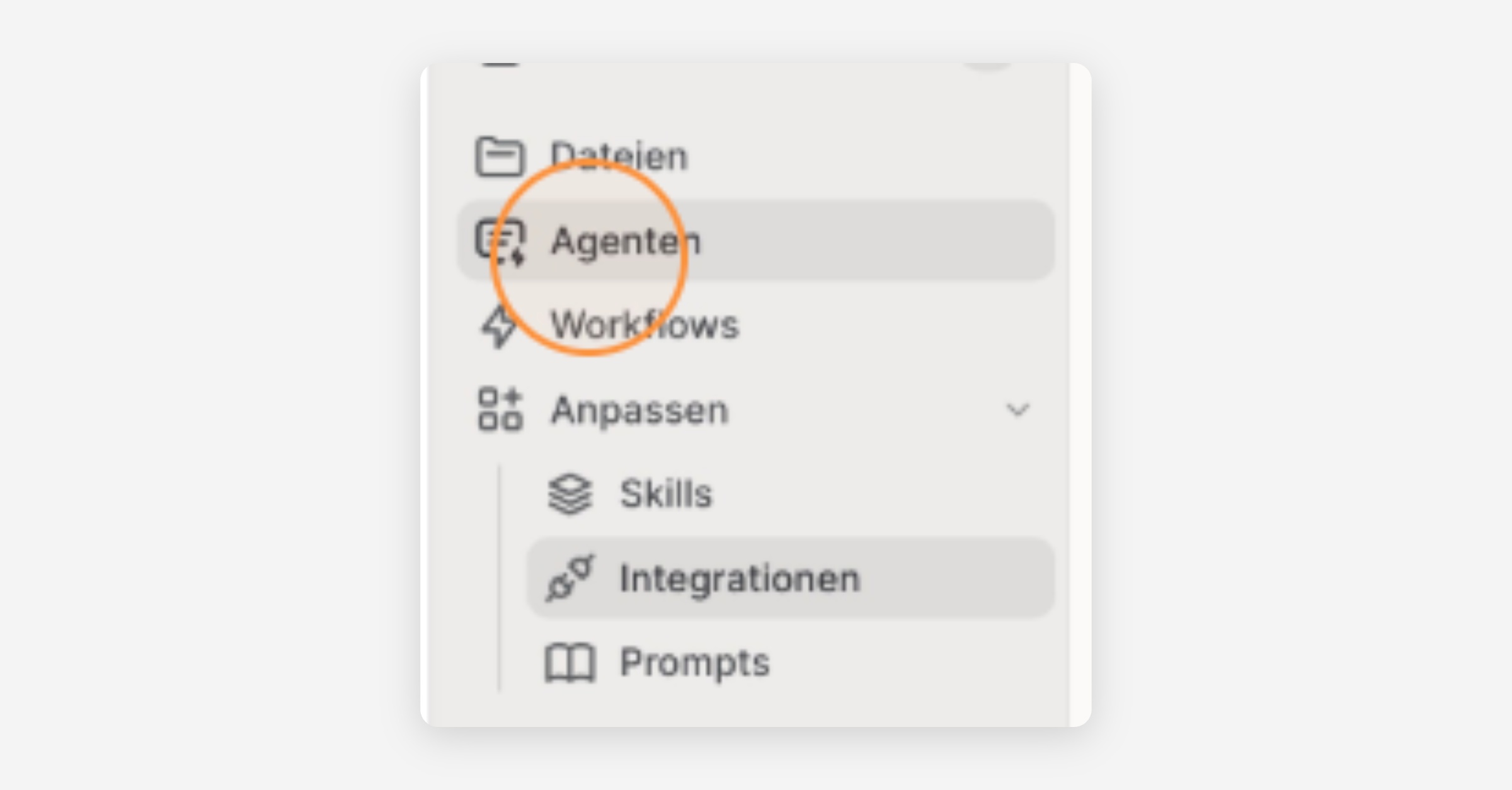 Sidebar navigation menu with Agenten item highlighted by an orange circle