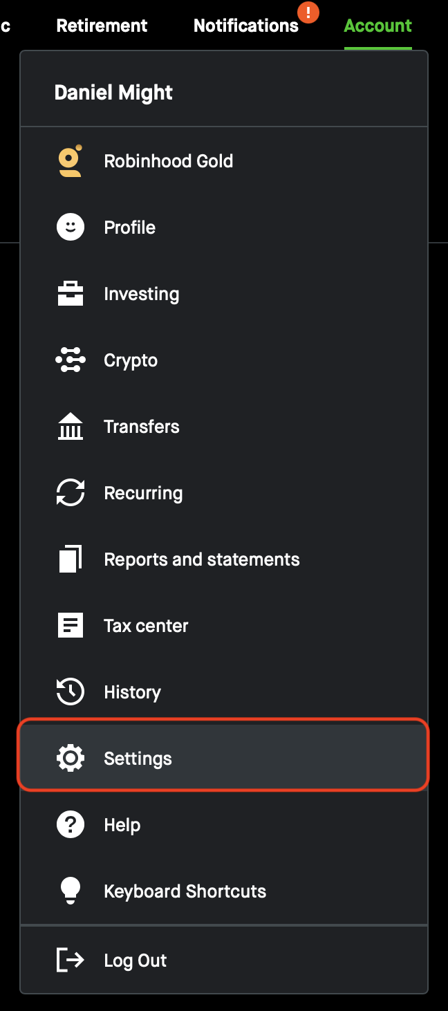 Robinhood account menu with Settings selected.