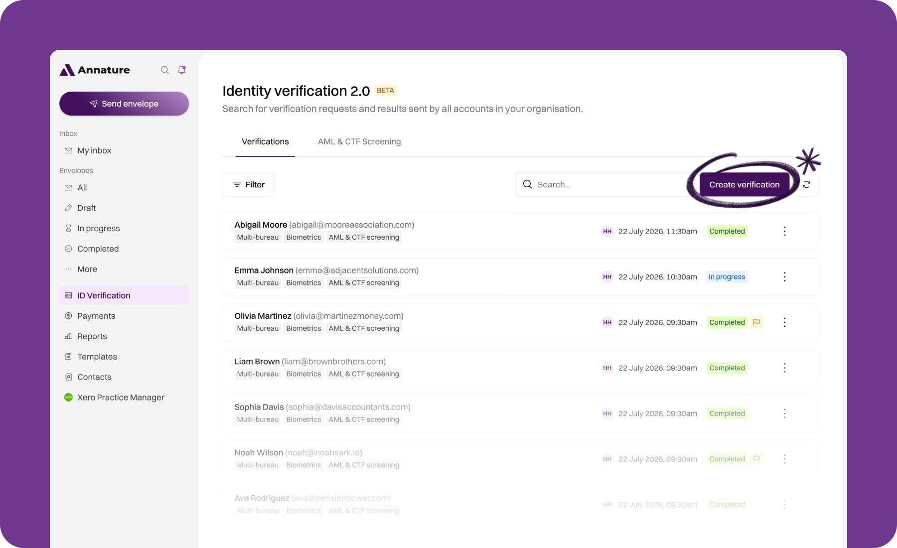 Identity verification 2.0 list in Annature with Create verification button highlighted