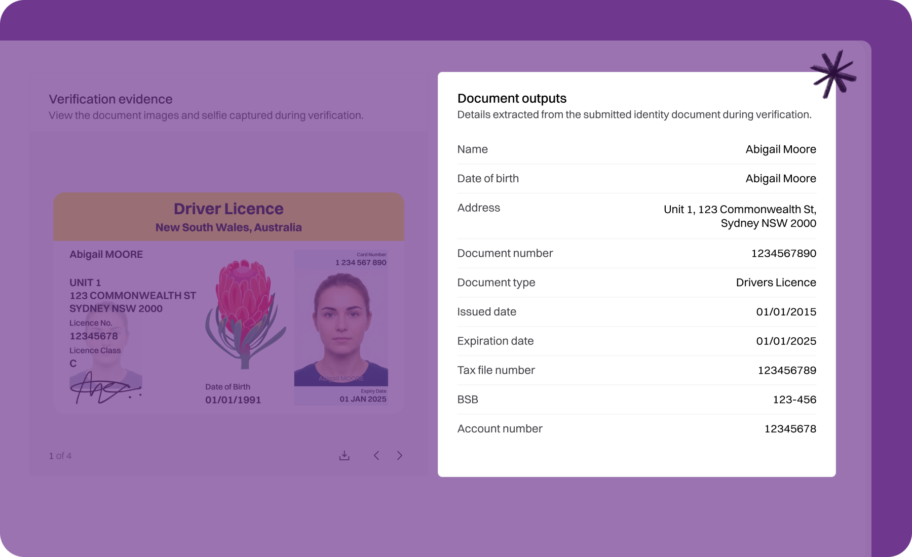 Verification evidence panel showing a driver licence image alongside extracted document outputs