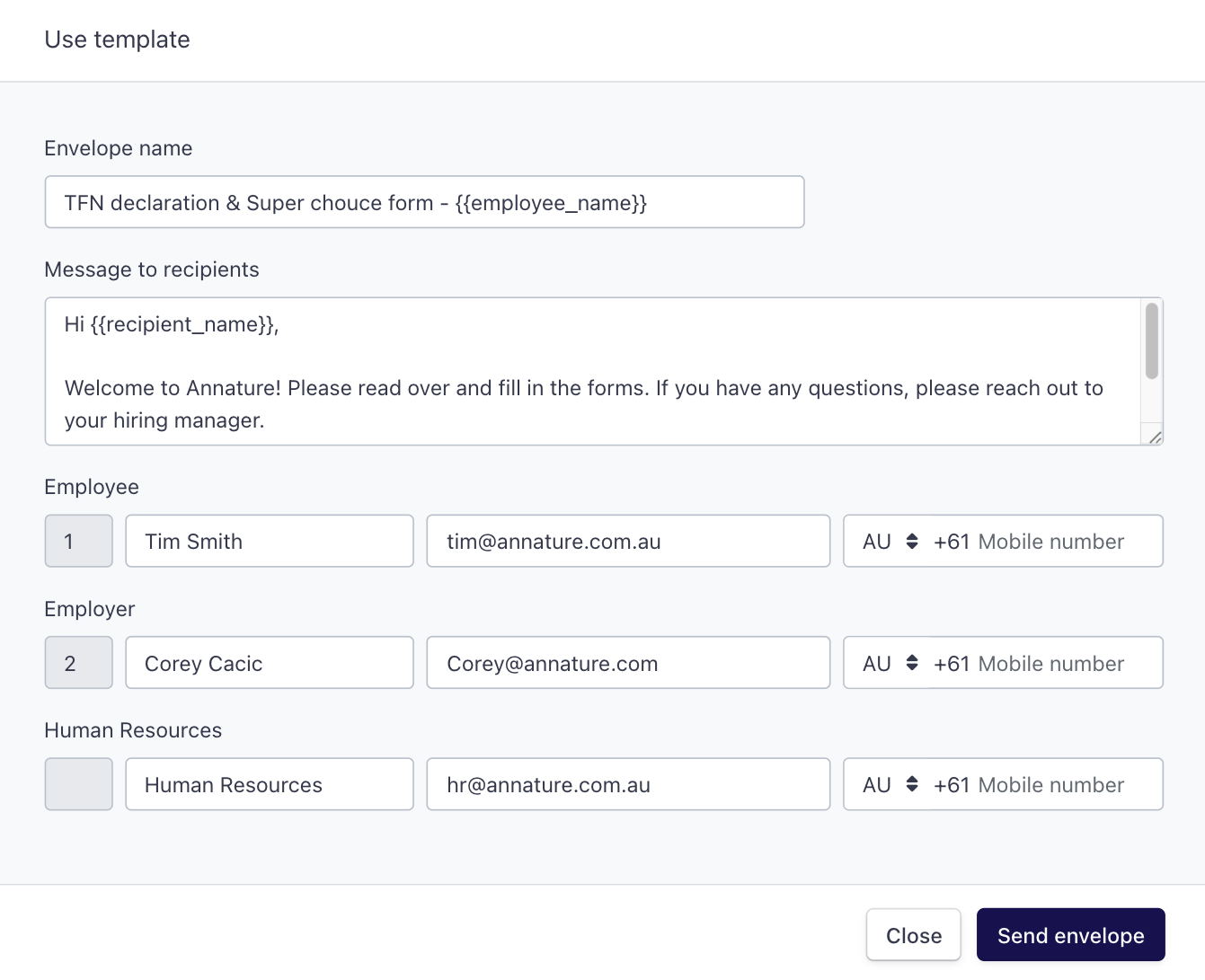 Sending a template - Annature Docs