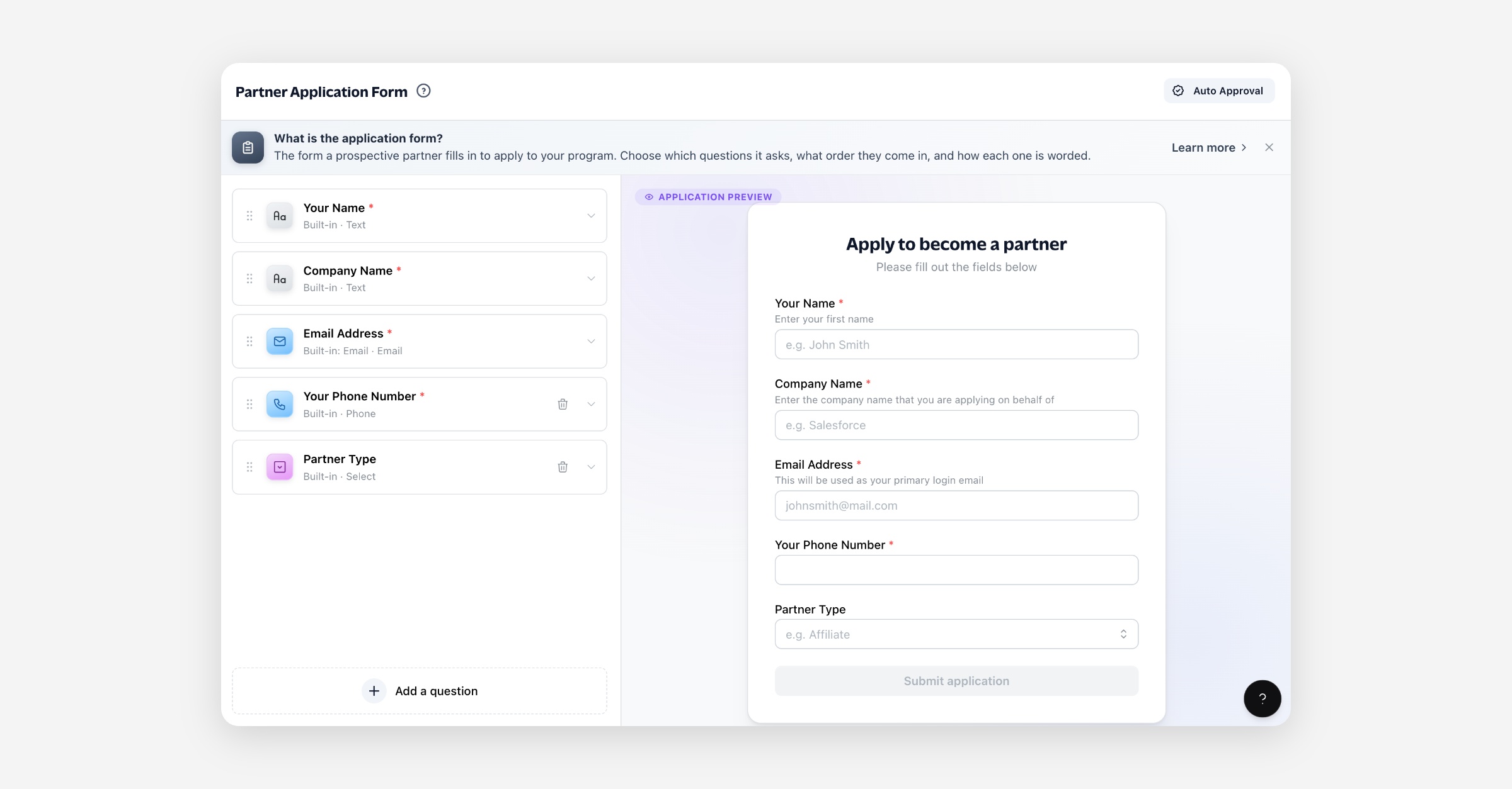 Partner Application Form builder with live preview of the partner sign-up form