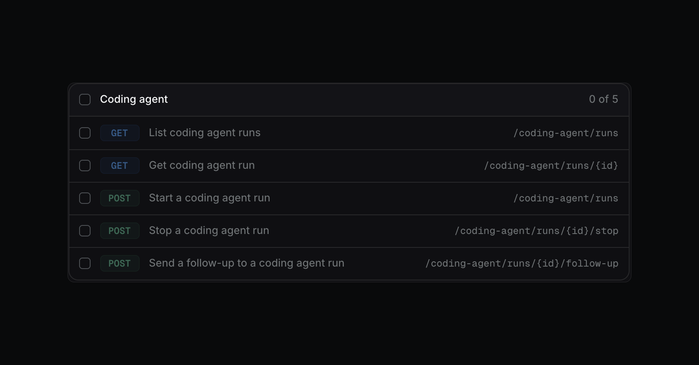 The Pages list with the Coding agent group cleared, so its five endpoints are hidden
