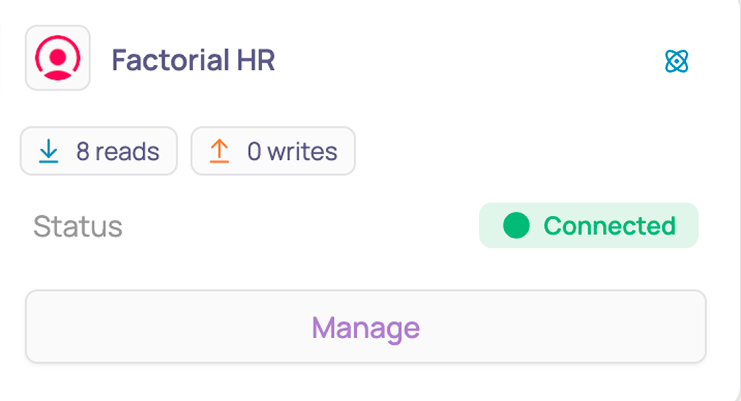 Factorial HR integration card showing connected status