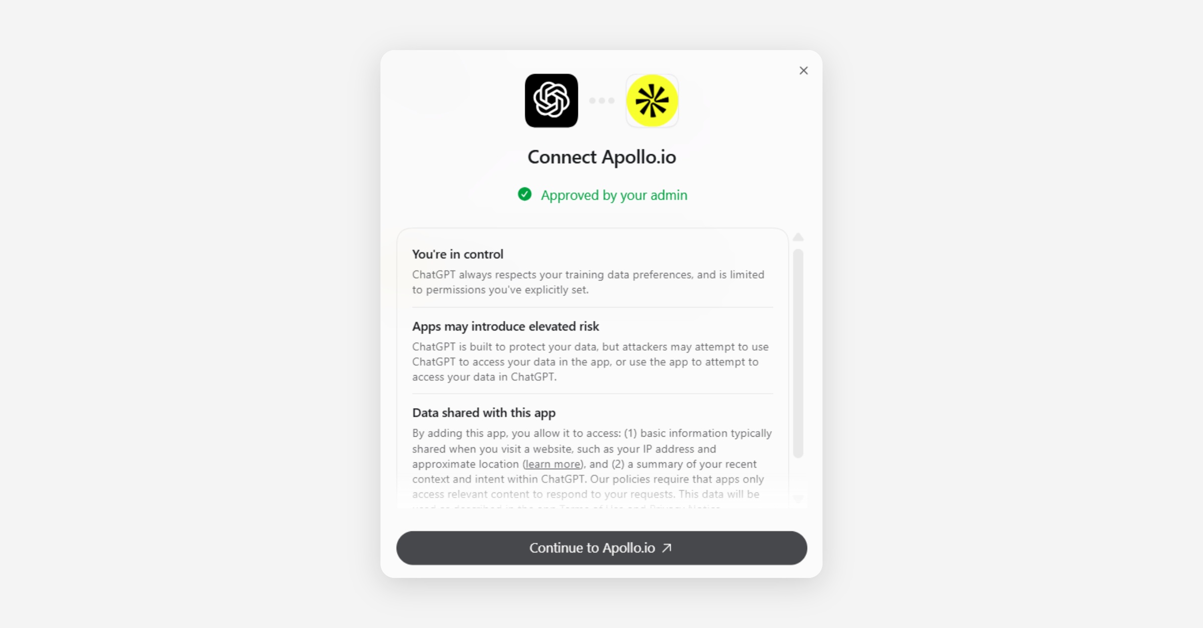 Connect Apollo.io dialog in ChatGPT showing admin approval and data sharing details