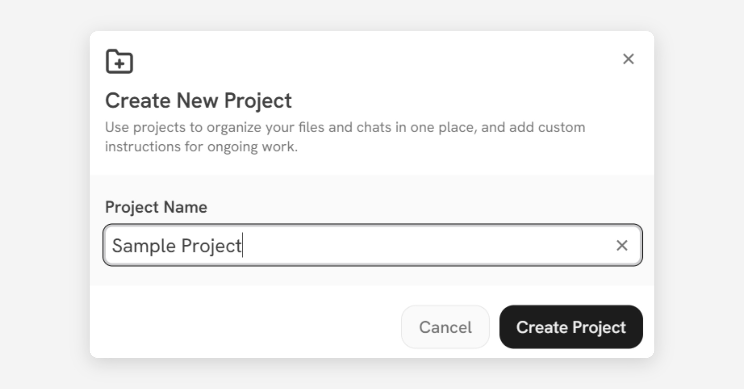 Create New Project dialog with a project name field