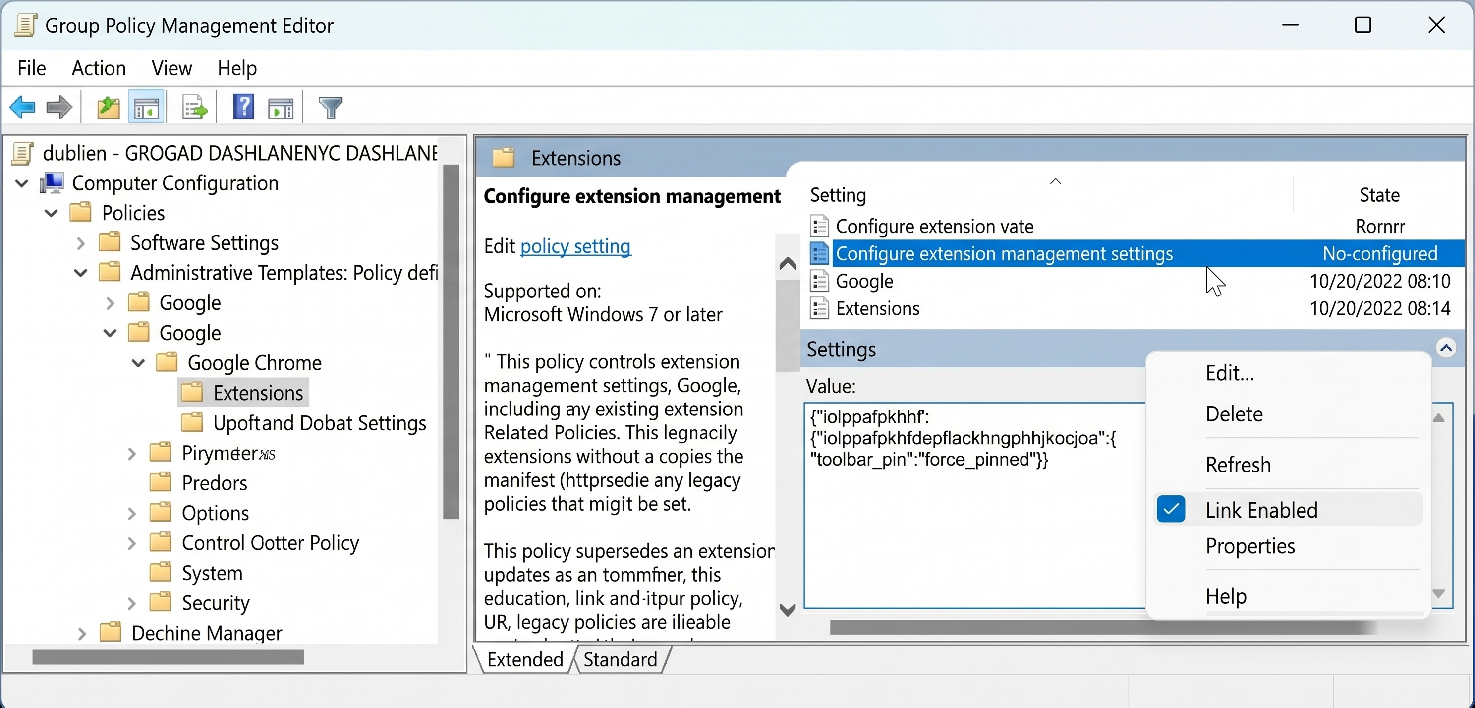 Group Policy Management Editor showing Chrome extension management settings with a JSON value forcing Dashlane pinned to the