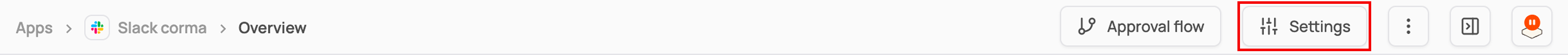 Top bar of the Slack corma app overview page with the Settings button outlined in red