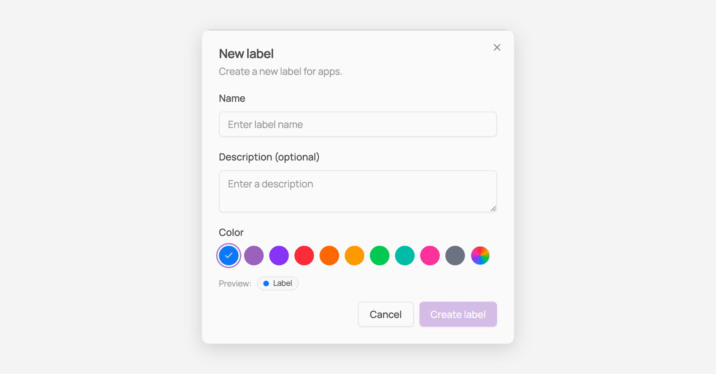 New label creation dialog with name, description, and color fields