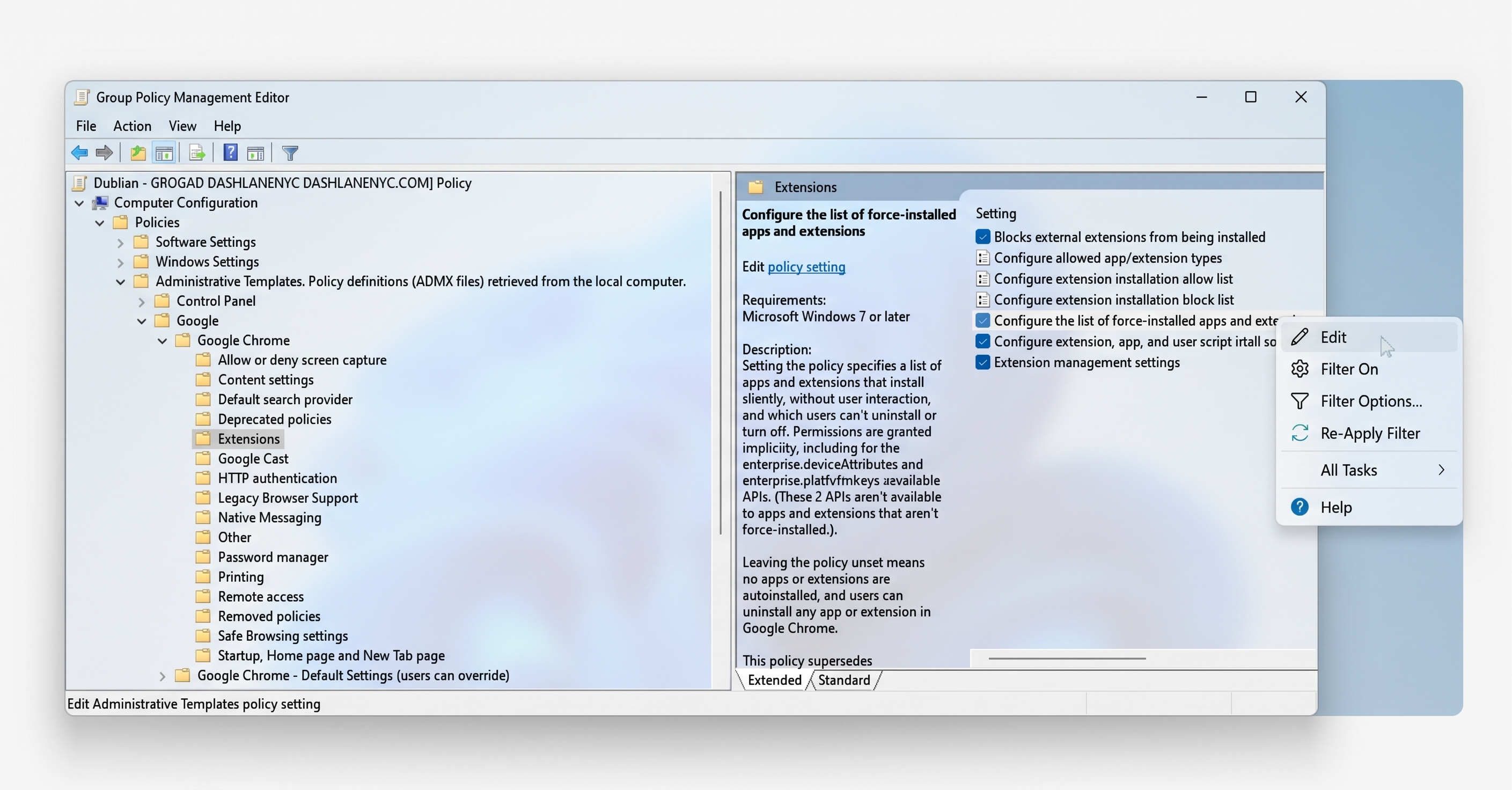 Group Policy Management Editor showing Chrome Extensions settings with a right-click context menu open