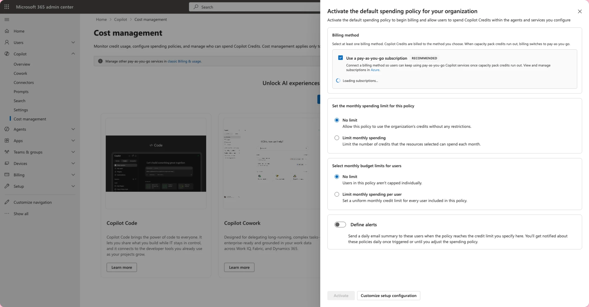 Microsoft 365 admin center panel for activating the default Copilot spending policy, with billing, limit and alert options