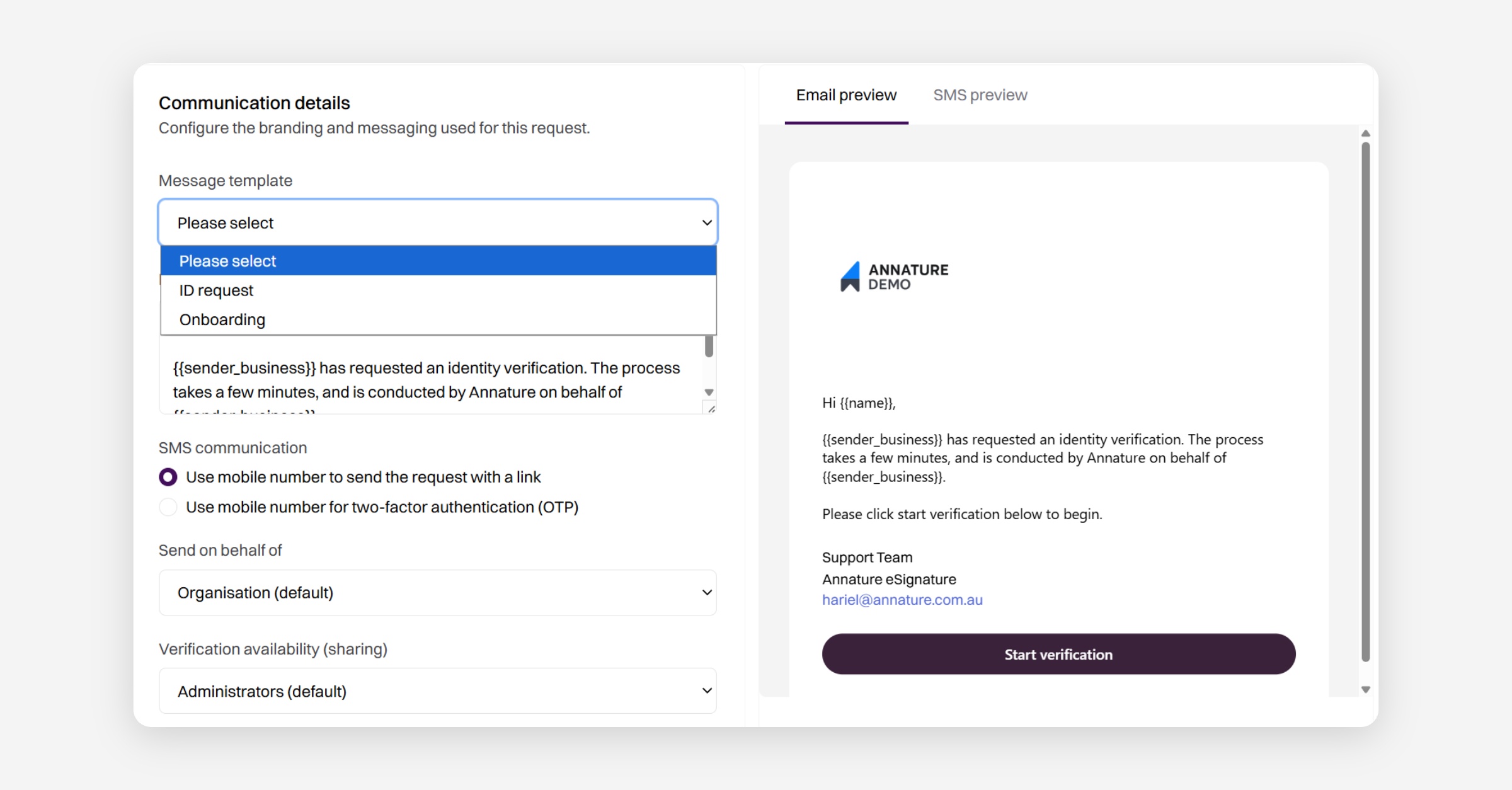 Communication details panel for an identity verification request, with email preview