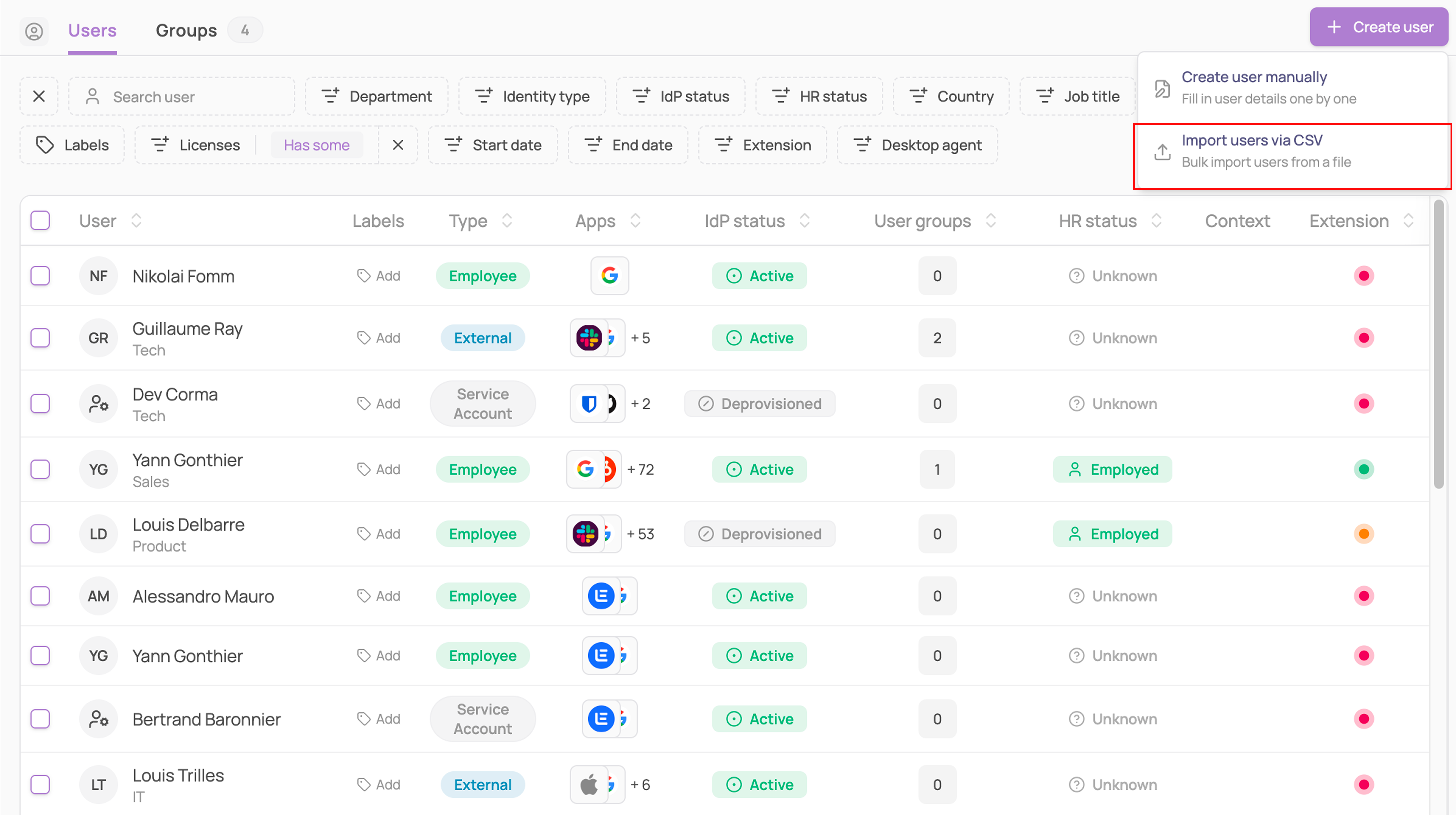Users list with Create user menu open, Import users via CSV highlighted