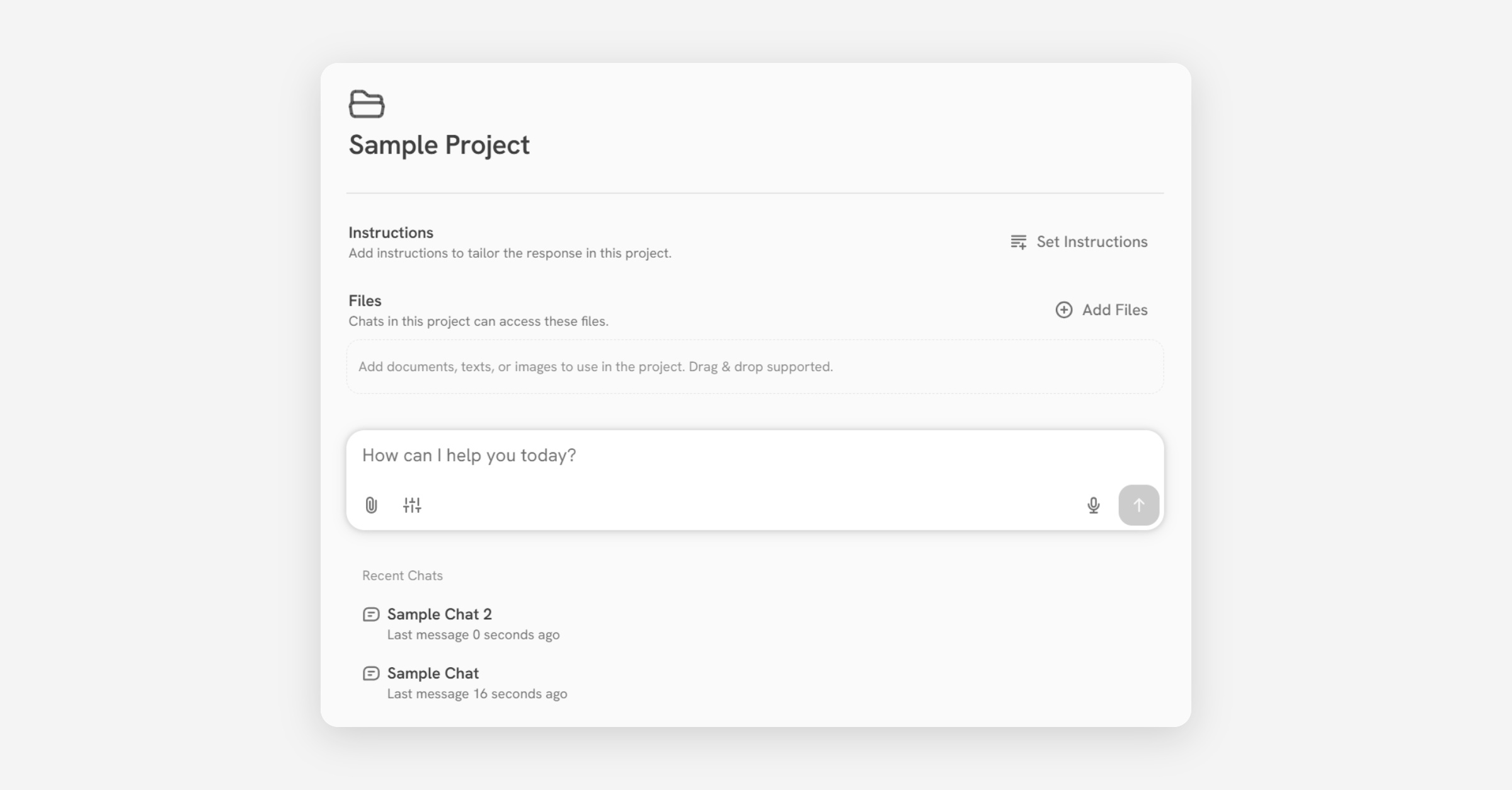 Sample Project workspace with instructions, files, chat input, and recent chats