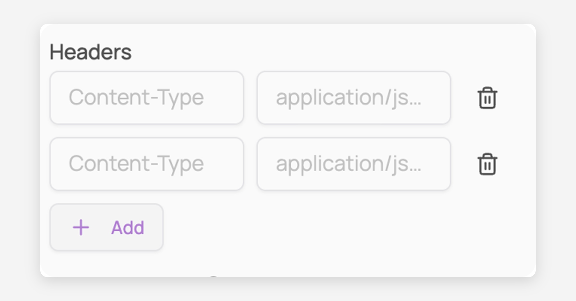 Headers configuration panel with key-value input rows