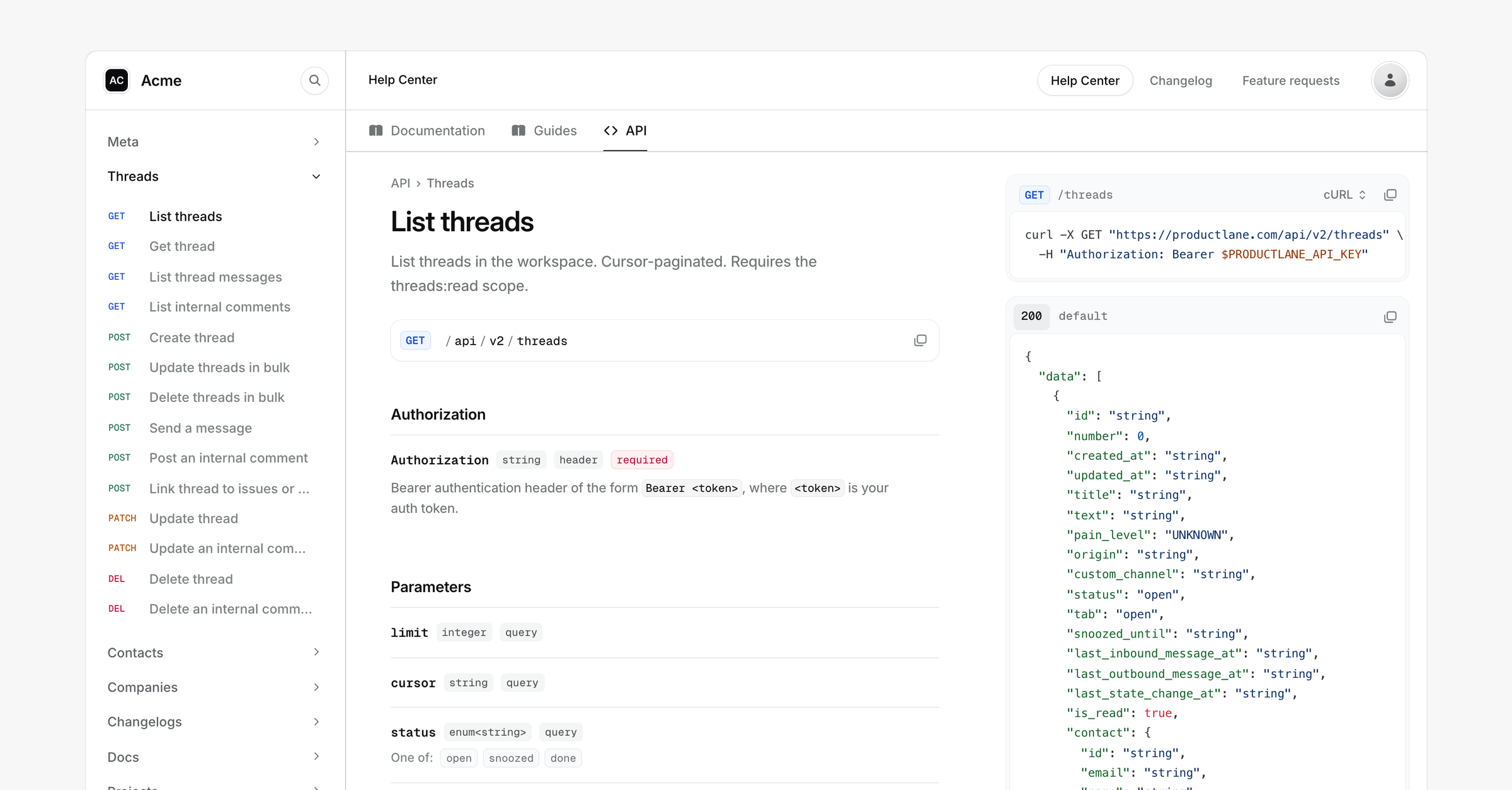 An endpoint page on the docs site, with parameters on the left and a cURL sample and example response on the right
