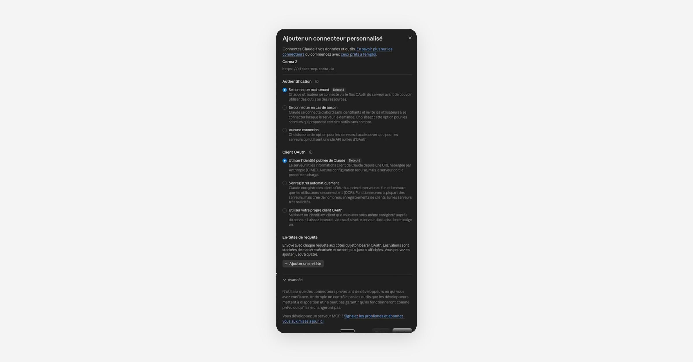 Boîte de dialogue "Ajouter un connecteur personnalisé" avec options d'authentification et de client OAuth pour Corma 2